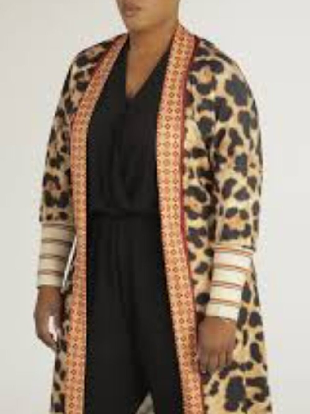 Leopard Print Long Open Cardigan with Contrast Trim - Beige/Black